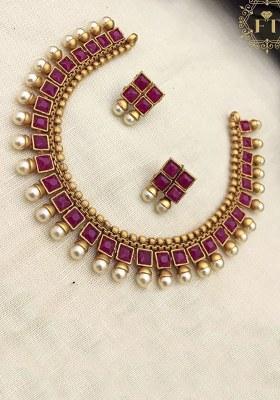Gold Plated Pink Pota Stone Choker Necklace Set