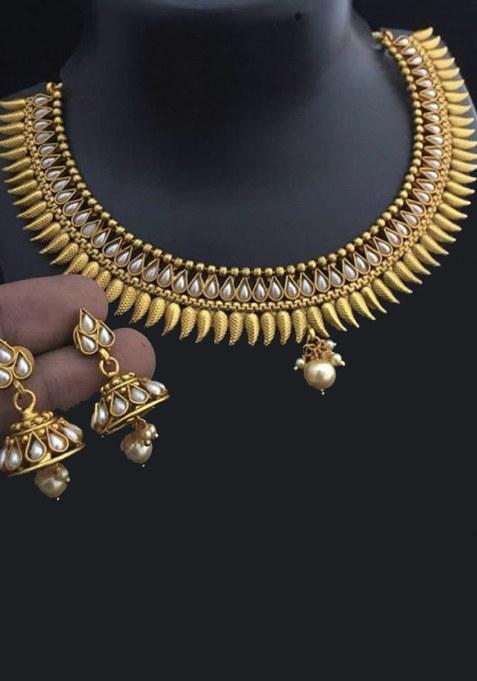 Gold Plated White Pearl Choker Necklace Set