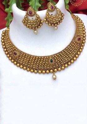 Gold Plated Pink And Green Pota Stone Choker Necklace Set