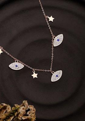 Rose Gold Plated Cubic Zirconia Studded Brass Evil Eye And Star Necklace
