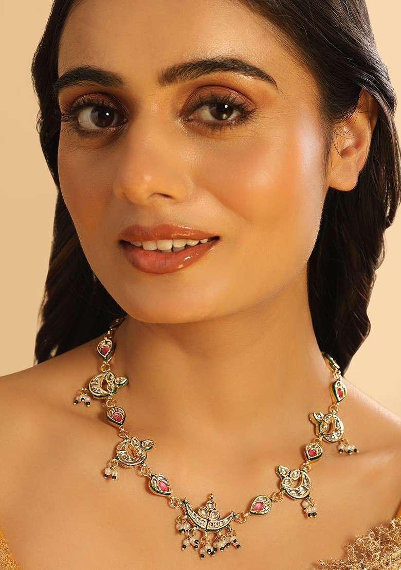 22K Gold Plated Regal Enamel Bloom Kundan And Pearls Studded Drop Necklace - Indya
