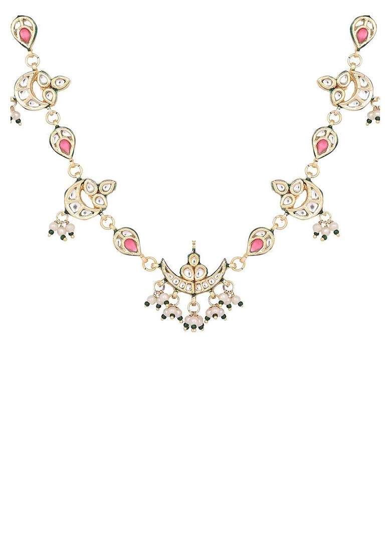 22K Gold Plated Regal Enamel Bloom Kundan And Pearls Studded Drop Necklace - Indya
