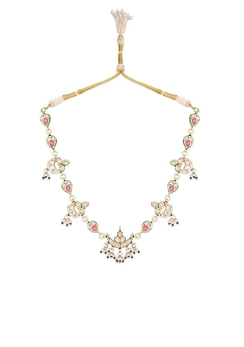 22K Gold Plated Regal Enamel Bloom Kundan And Pearls Studded Drop Necklace - Indya