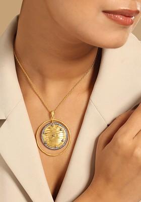 18K Gold Plated Zircon Studded Minimal Chain Textured Surface Pendant Necklace