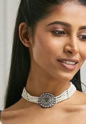 22K Gold Plated Pearl Beaded Semi Precious Labradorite And Enamelled Choker Necklace