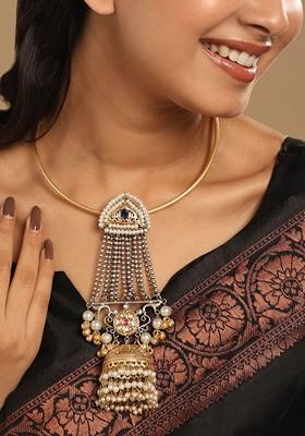 18K Gold Plated Semi Precious Stone Studded And Beaded Pearl Statement Necklace