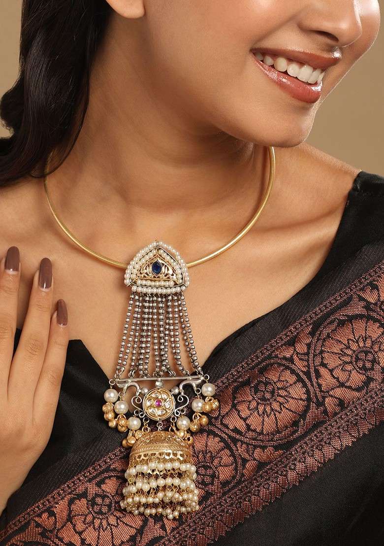 18K Gold Plated Semi Precious Stone Studded And Beaded Pearl Statement Necklace - Indya