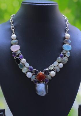 Pink Suede Mirror Work Necklace