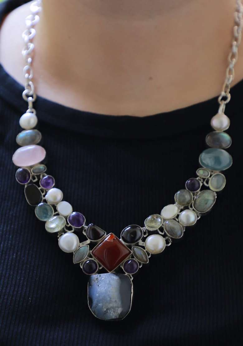 Pink Suede Mirror Work Necklace - Indya