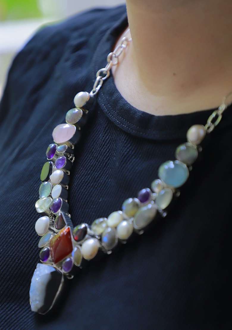 Pink Suede Mirror Work Necklace - Indya