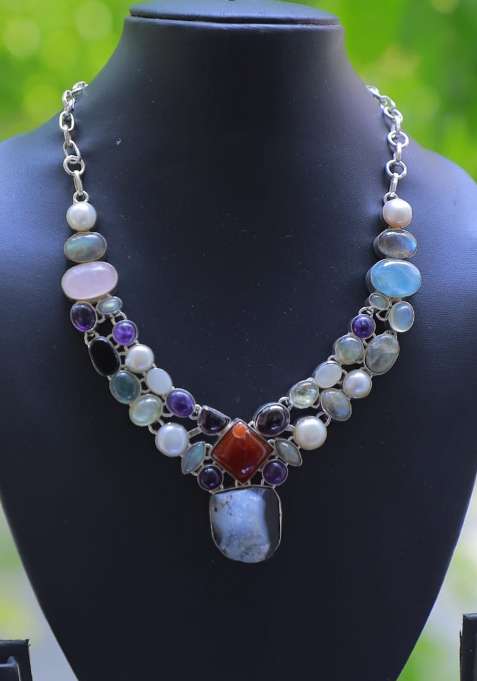 Pink Suede Mirror Work Necklace