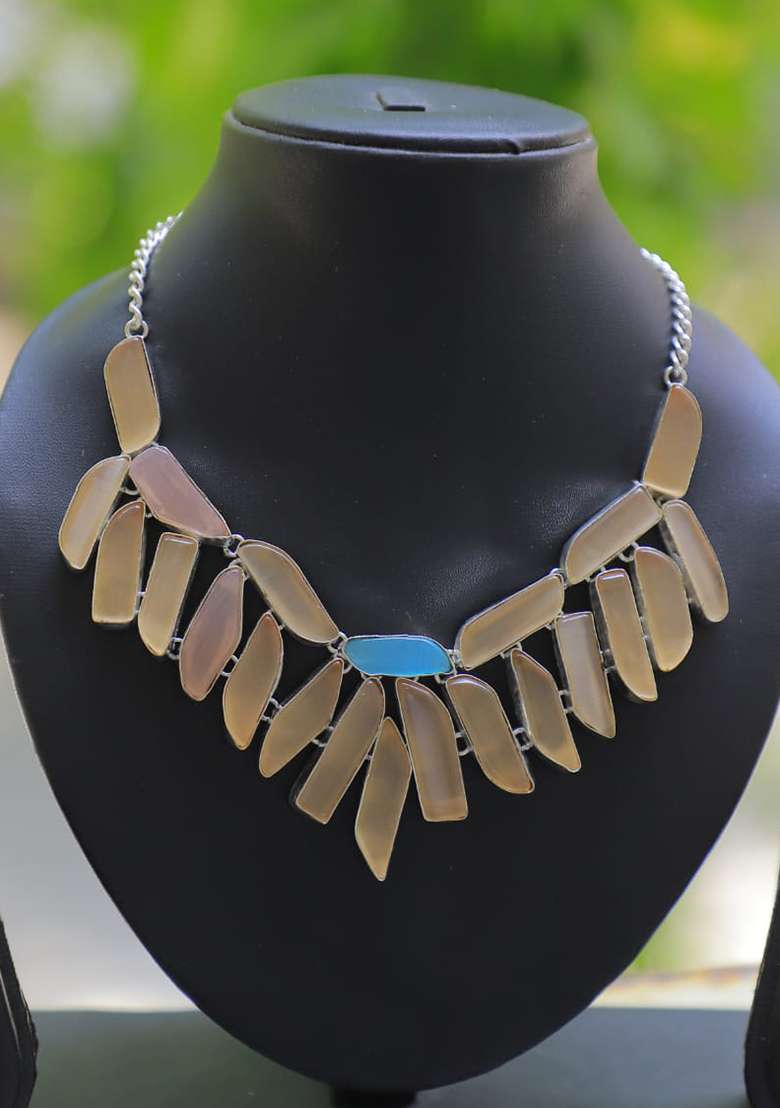 Silver Shimmer Fabric Swarovski Work Necklace - Indya