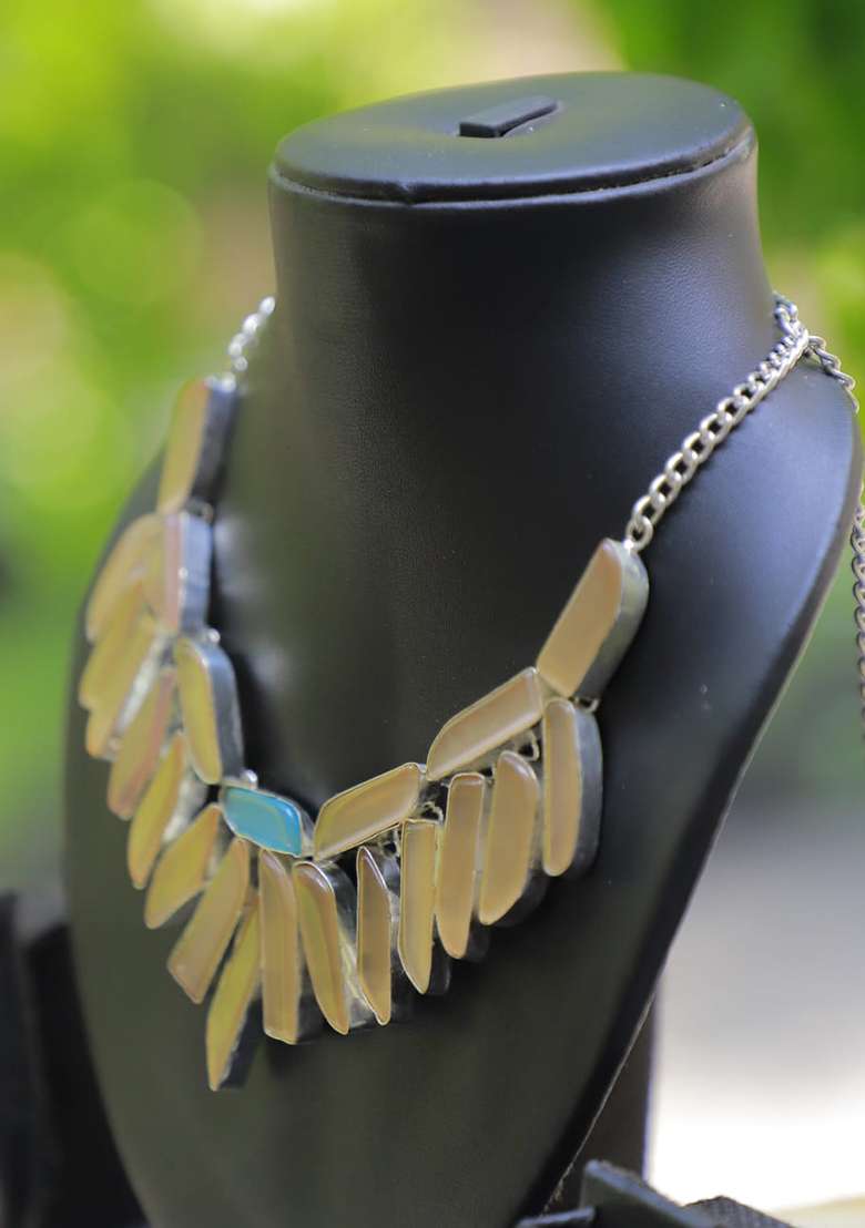Silver Shimmer Fabric Swarovski Work Necklace - Indya