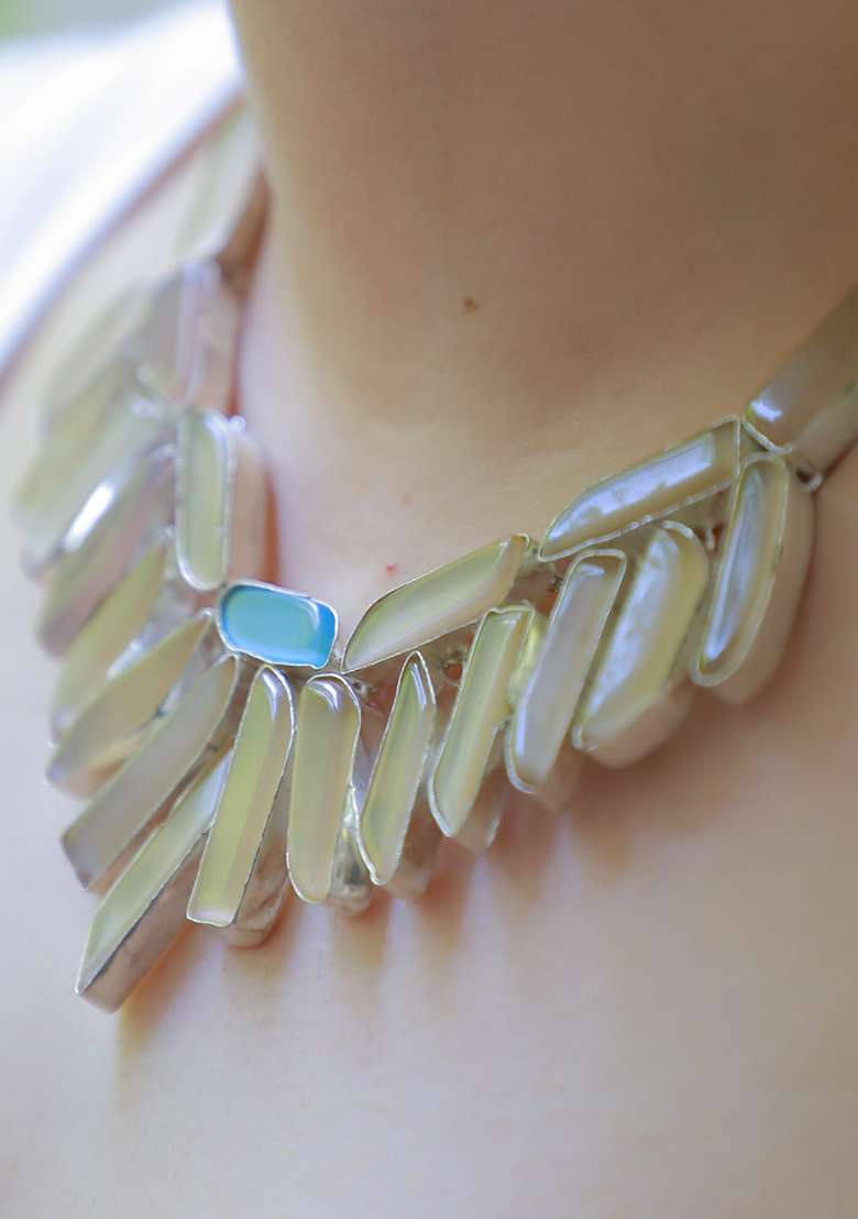 Silver Shimmer Fabric Swarovski Work Necklace - Indya