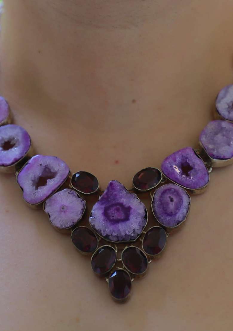 Grey Suede Crystal Beads Necklace - Indya