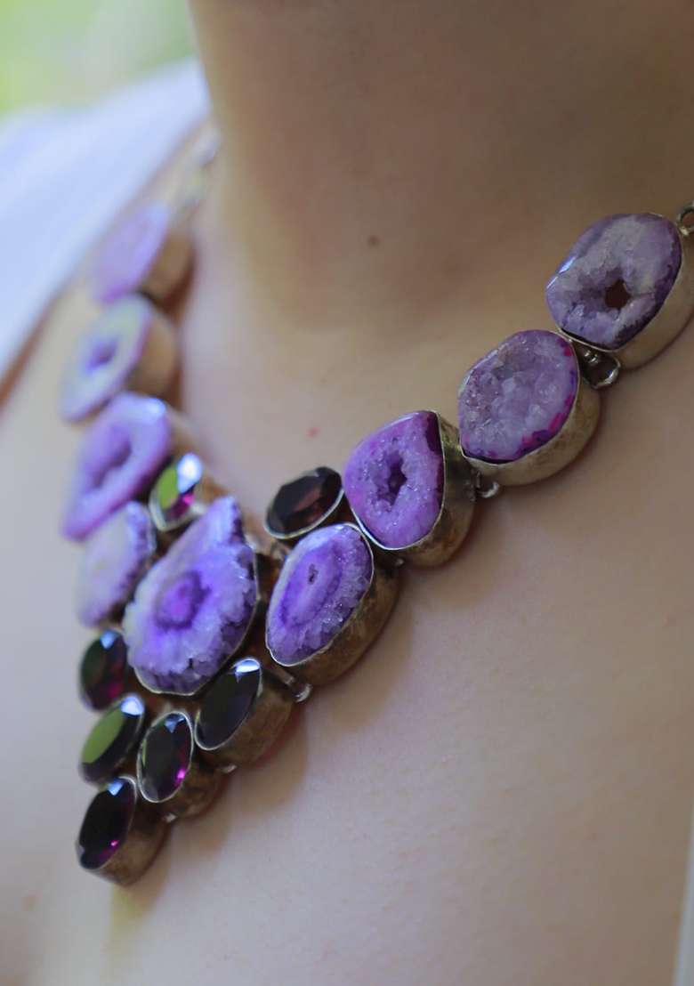 Grey Suede Crystal Beads Necklace - Indya