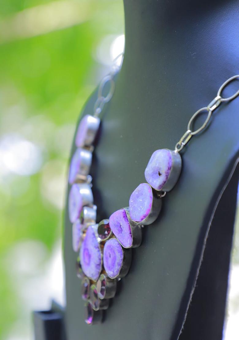 Grey Suede Crystal Beads Necklace - Indya