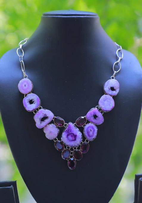 Grey Suede Crystal Beads Necklace