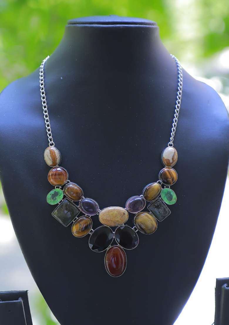 Green Velvet Crystal Work Necklace - Indya