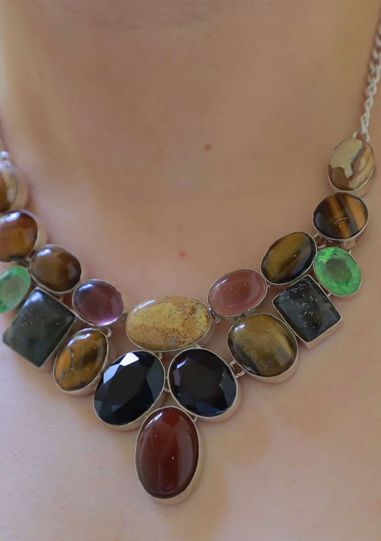 Green Velvet Crystal Work Necklace - Indya