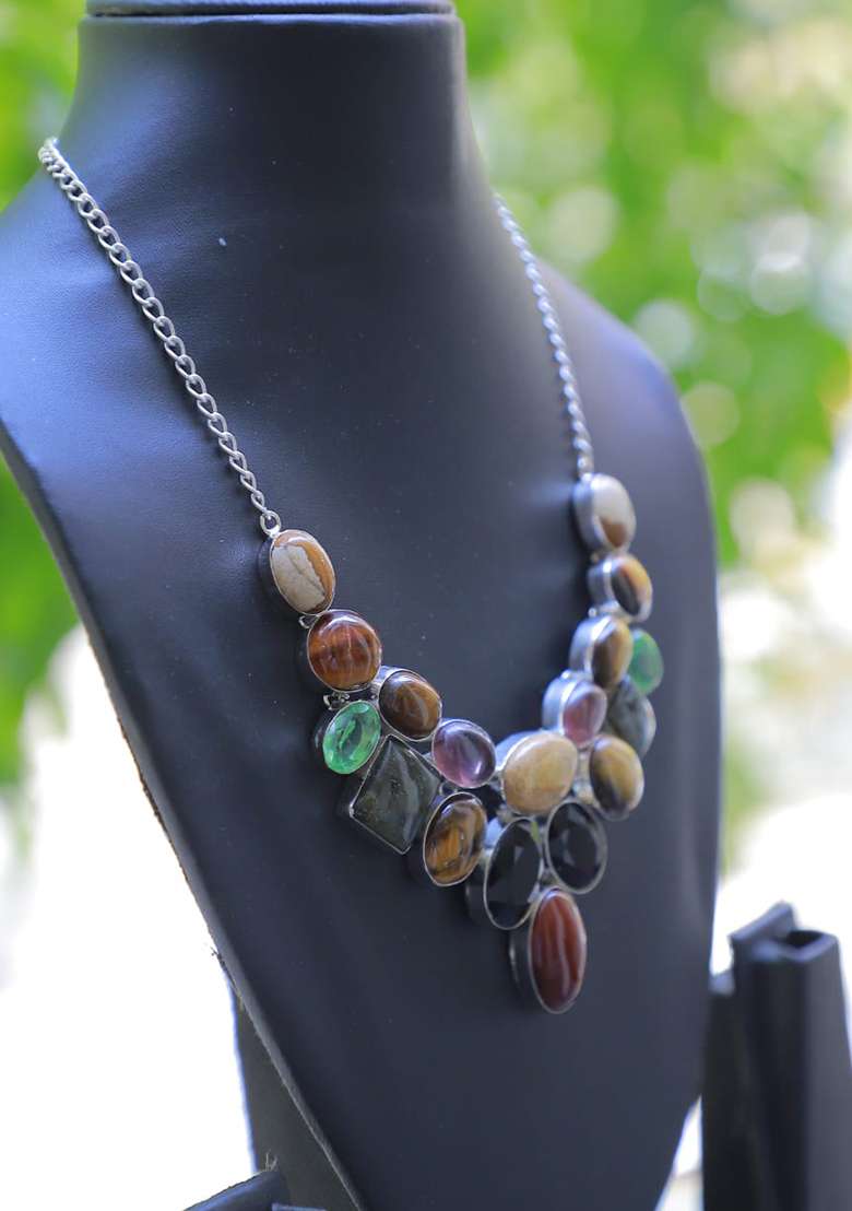Green Velvet Crystal Work Necklace - Indya