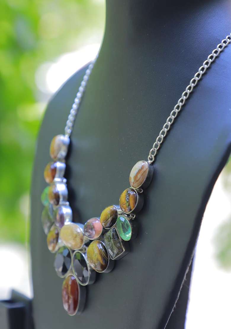 Green Velvet Crystal Work Necklace - Indya