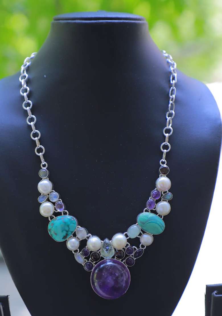Pink Silk Beaded Work Necklace - Indya