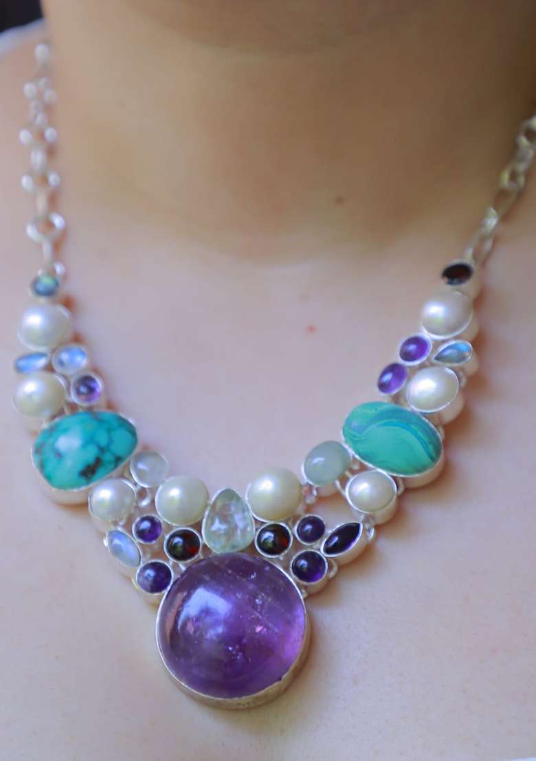 Pink Silk Beaded Work Necklace - Indya
