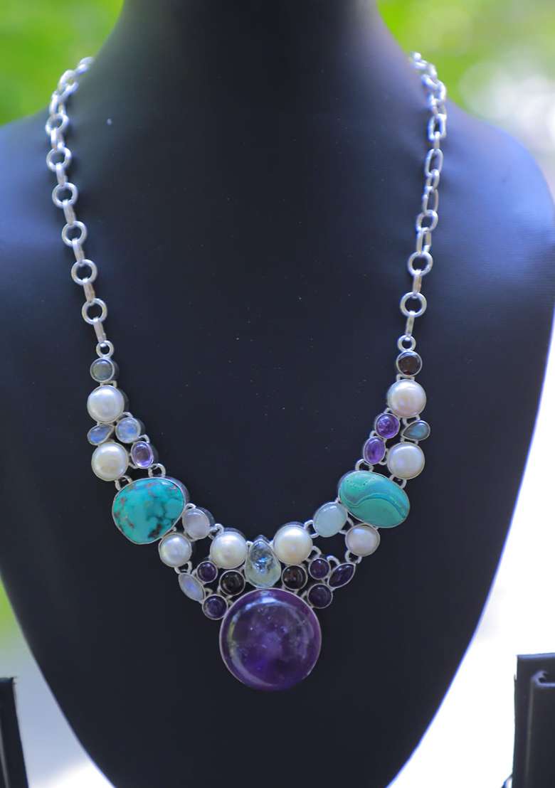 Pink Silk Beaded Work Necklace - Indya
