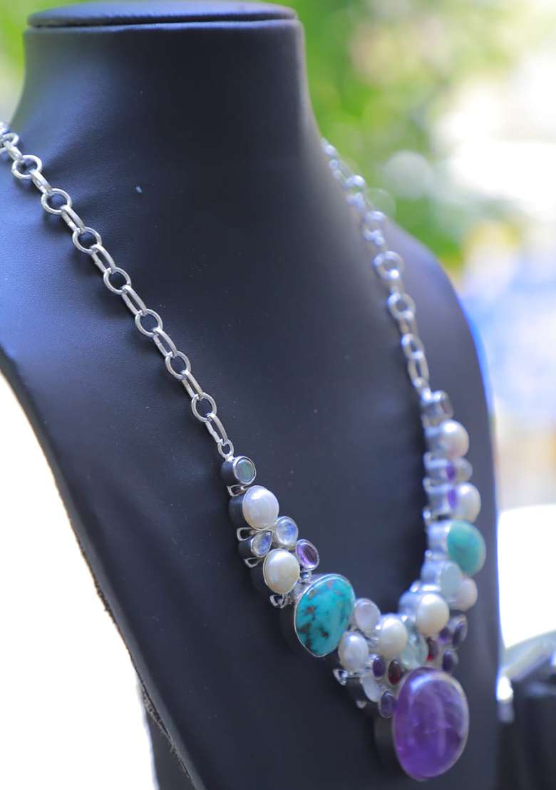 Pink Silk Beaded Work Necklace - Indya