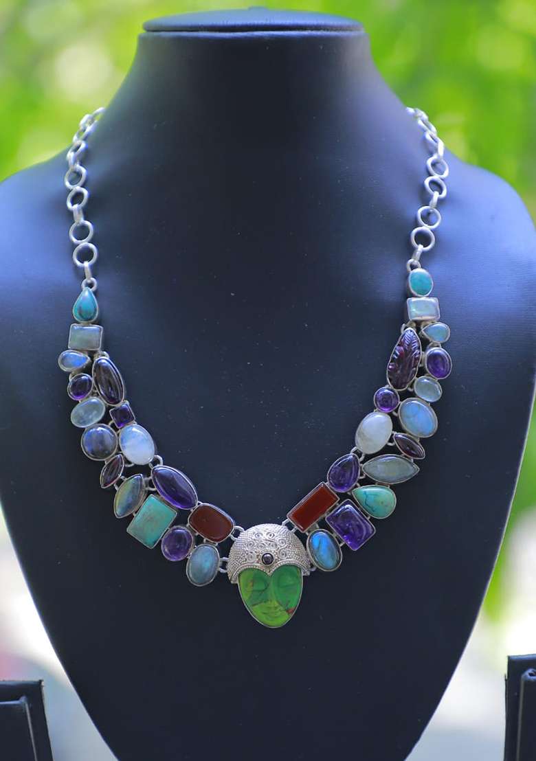 Bottle Green Velvet Beads Work Necklace - Indya
