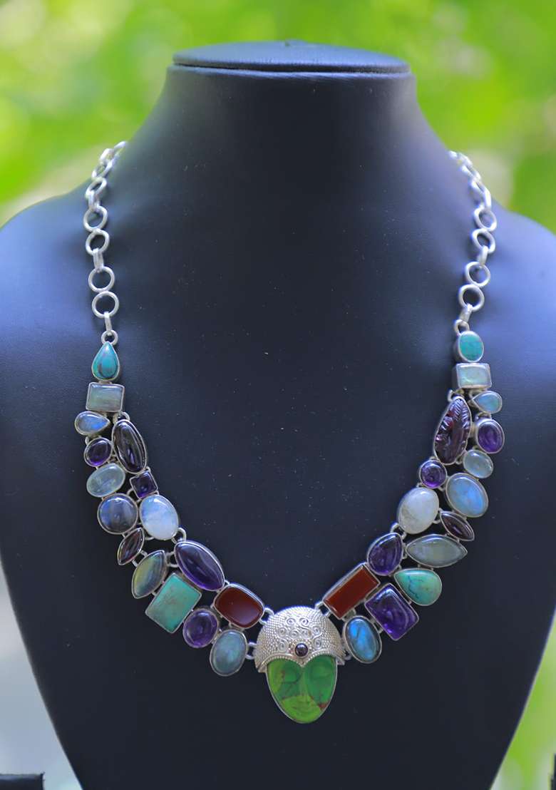 Bottle Green Velvet Beads Work Necklace - Indya