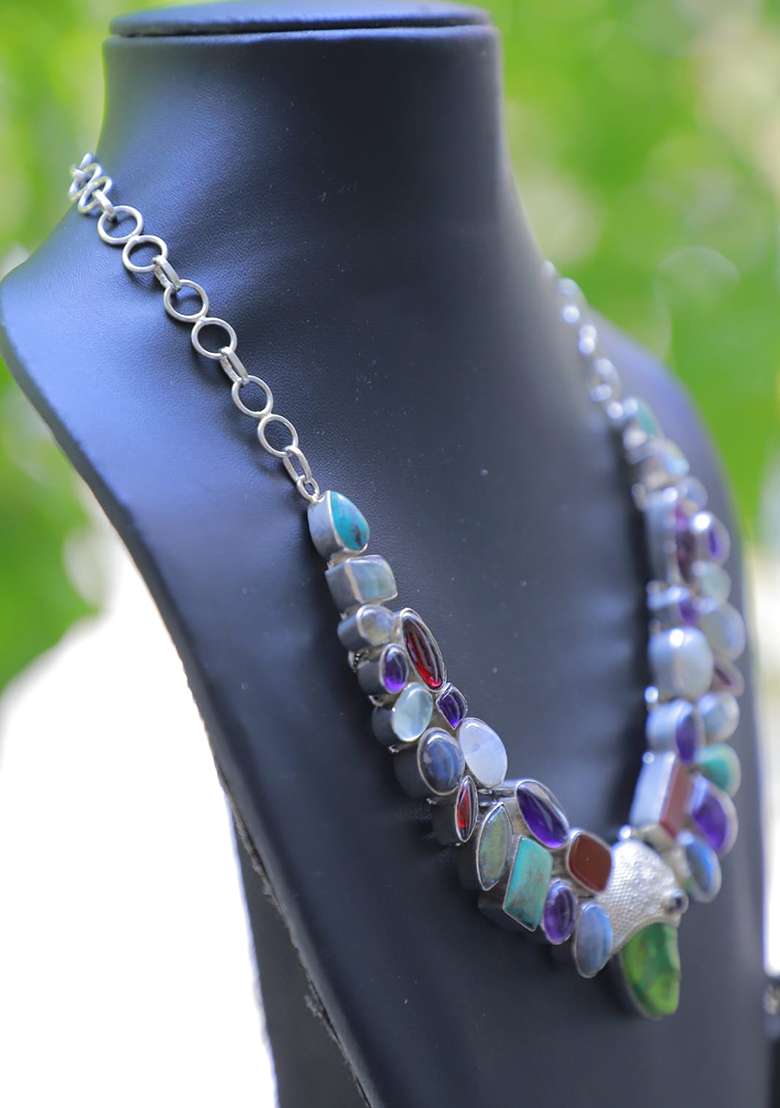 Bottle Green Velvet Beads Work Necklace - Indya