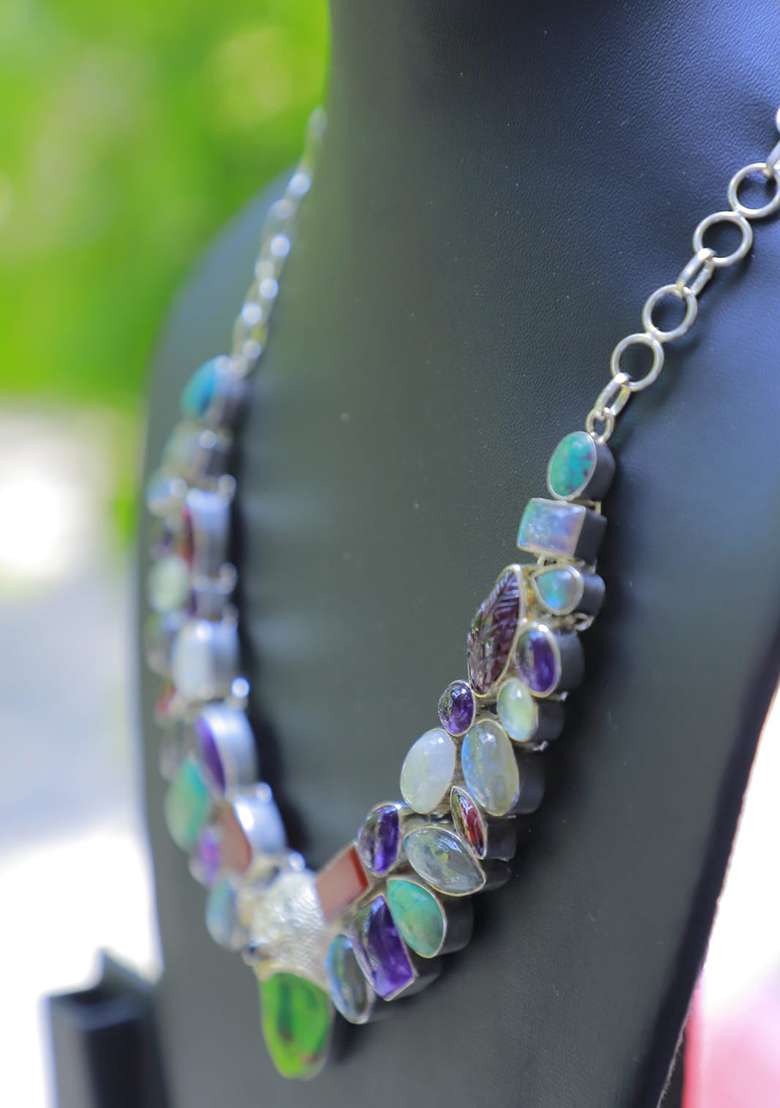 Bottle Green Velvet Beads Work Necklace - Indya