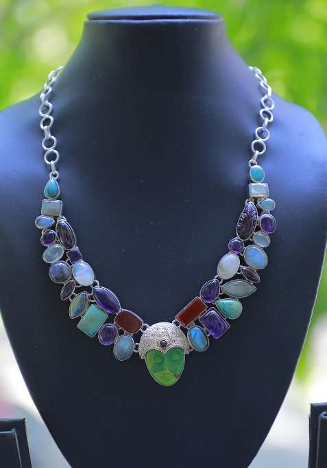 Bottle Green Velvet Beads Work Necklace