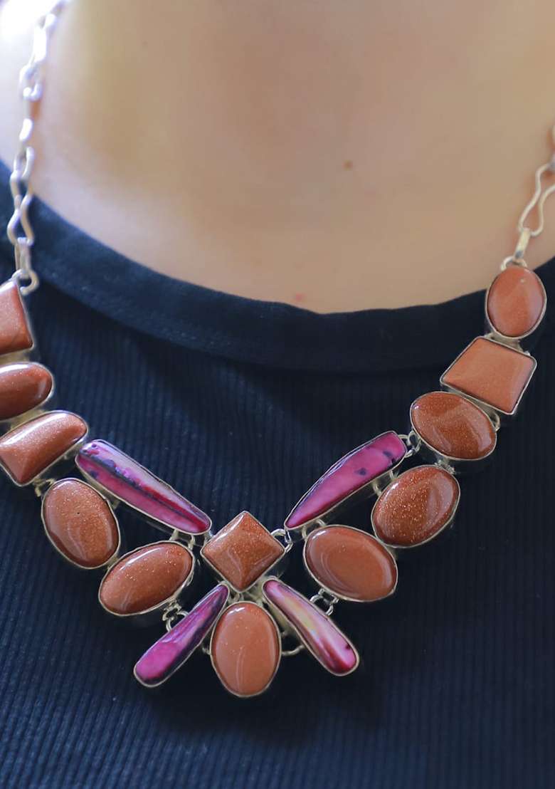 Rose Gold Silk Embroidered Necklace - Indya