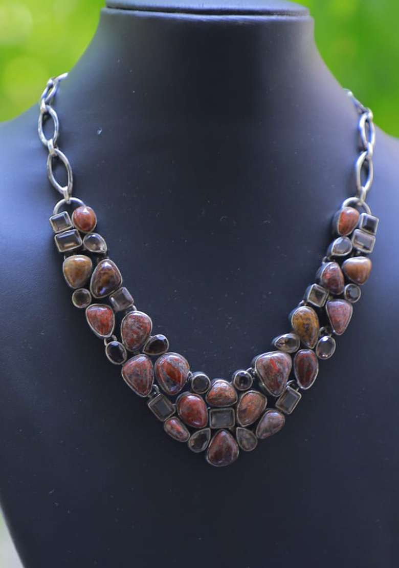 Black Shimmer Fabric Embroidered Necklace - Indya