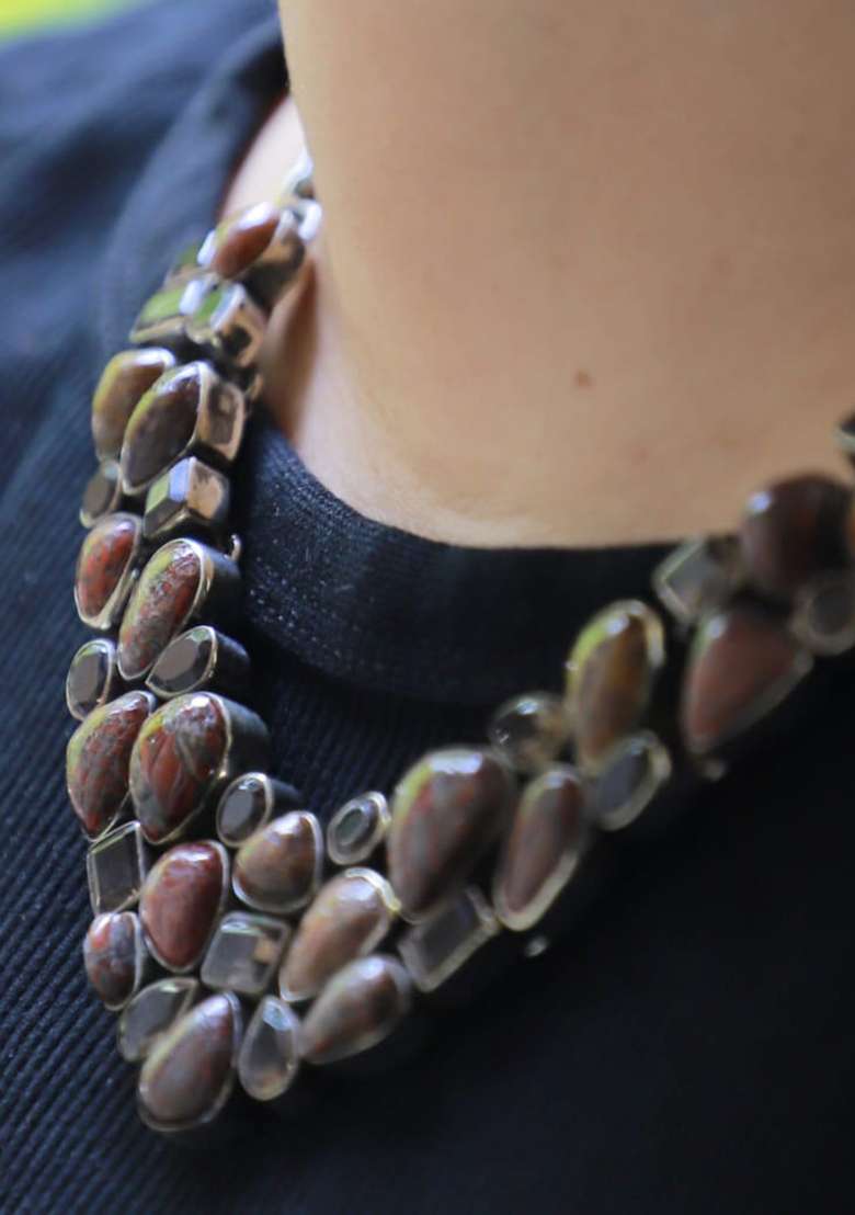 Black Shimmer Fabric Embroidered Necklace - Indya