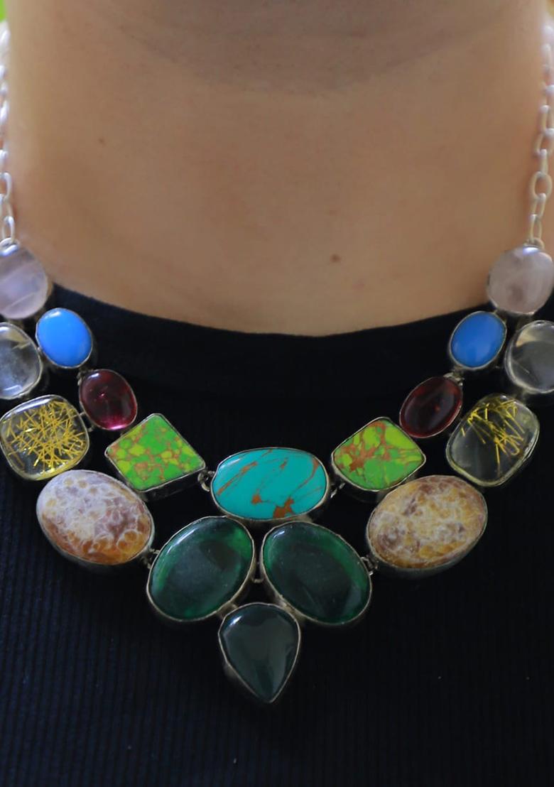 Beige Suede Embroidered Necklace - Indya