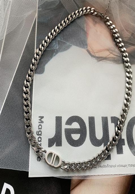 Rhodium Plated Waterproof Antitarnish Chain Link Necklace With Double D Monogram