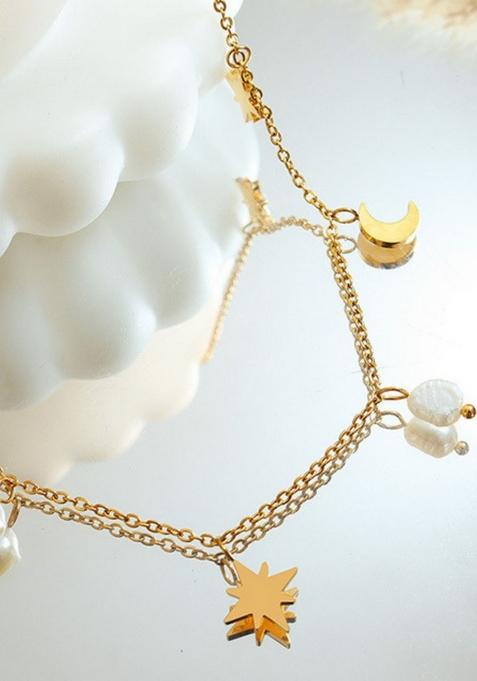 18K Gold Plated Waterproof Antitarnish Titanium Steel Moon Star Pearl Charm Necklace