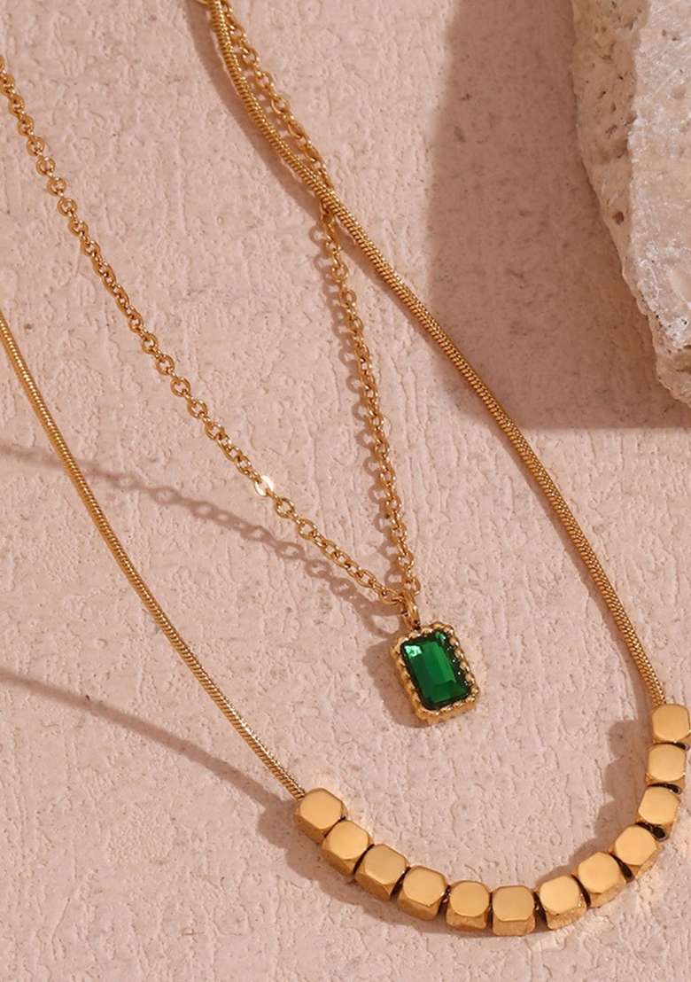 18K Gold Plated Waterproof Antitarnish Titanium Steel Green Zircon Pendant Layered Necklace - Indya