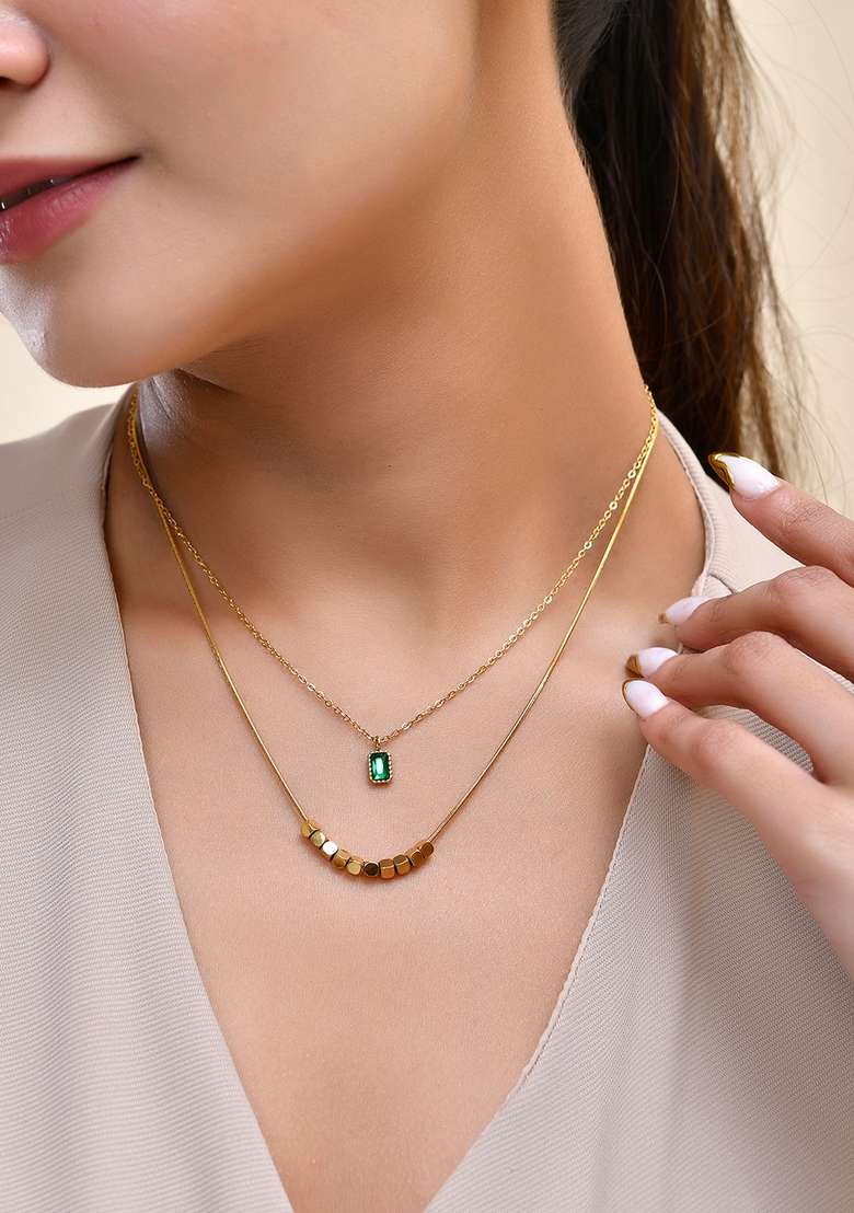 18K Gold Plated Waterproof Antitarnish Titanium Steel Green Zircon Pendant Layered Necklace - Indya