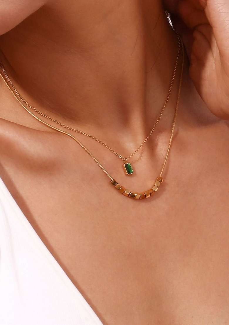 18K Gold Plated Waterproof Antitarnish Titanium Steel Green Zircon Pendant Layered Necklace - Indya