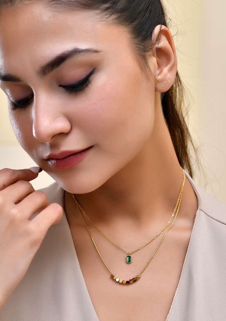18K Gold Plated Waterproof Antitarnish Titanium Steel Green Zircon Pendant Layered Necklace - Indya