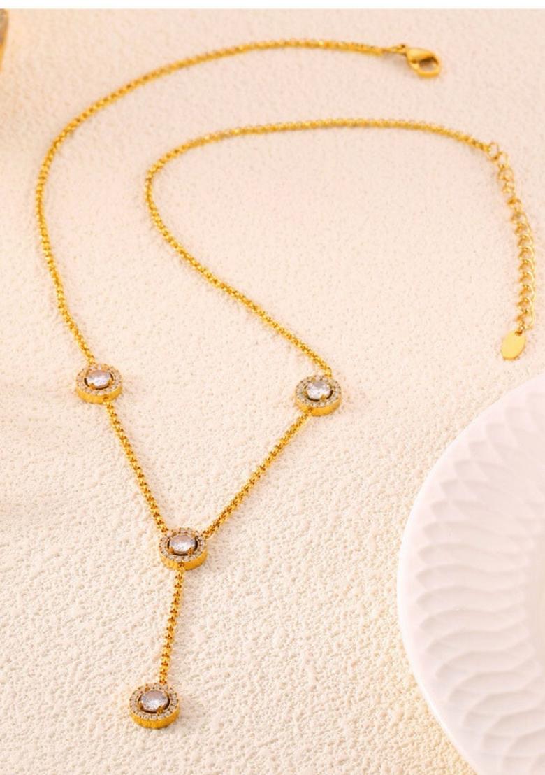 18K Gold Plated Waterproof Antitarnish Titanium Steel Rhinestone Lariat Necklace - Indya