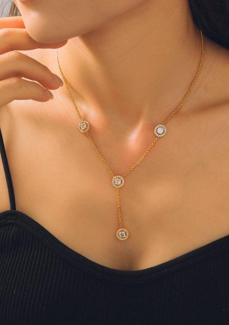 18K Gold Plated Waterproof Antitarnish Titanium Steel Rhinestone Lariat Necklace - Indya