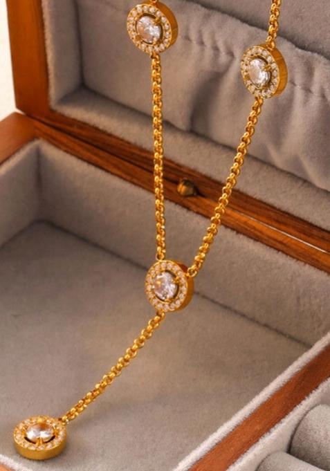 18K Gold Plated Waterproof Antitarnish Titanium Steel Rhinestone Lariat Necklace