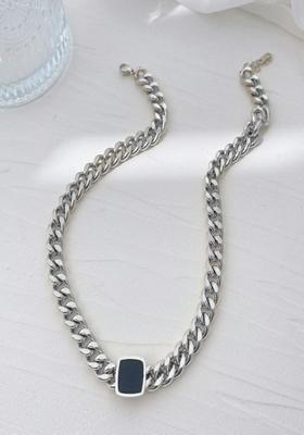 18K Silver Plated Waterproof Anti Tarnish Black Onyx Chain Link Necklace