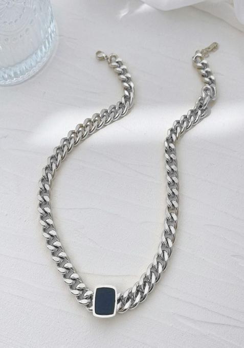 18K Silver Plated Waterproof Anti Tarnish Black Onyx Chain Link Necklace